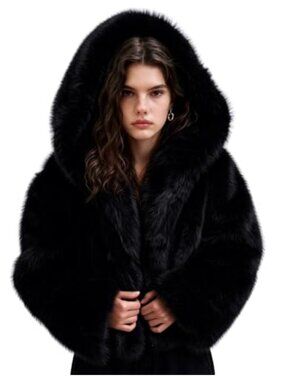Faux Fur Hooded Cropped Zip Up Winter Coat with Pockets